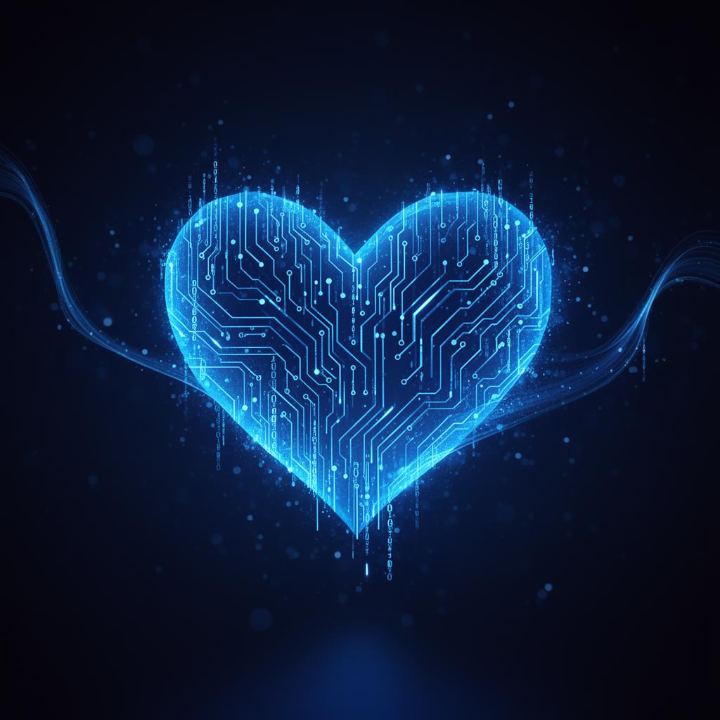 A glowing blue heart formed from circuit-board traces representing KongleTech